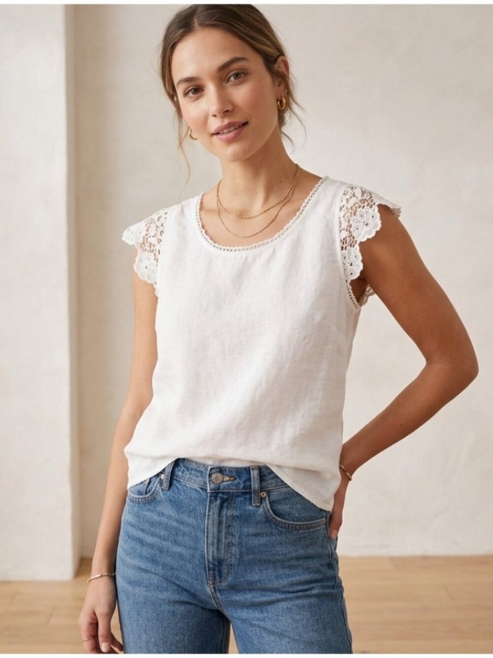 Viola Borghi White Linen Lace Sleeve Top Coastal Minimalist Size S